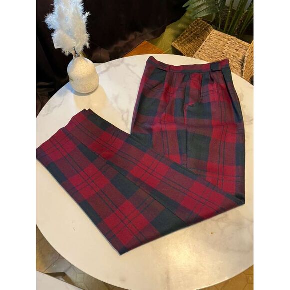 Vintage Bill Blass Wool Tartan Plaid High Waist Trousers Pants Red Green Size 10 - Picture 7 of 16